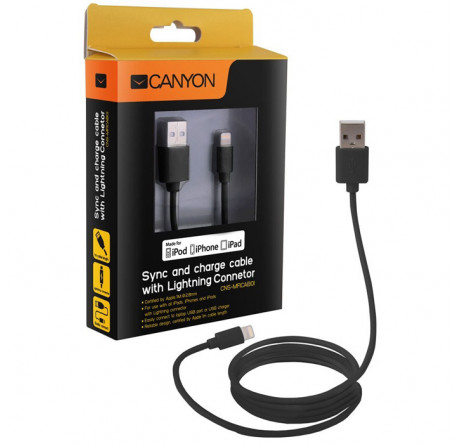 Canyon CNS-MFICAB01B Ultra-compact MFI Cable, certified by Apple, 1M length , 2.8mm , black c Кабель CANYON - bologoe-experts.ru – фото 1
