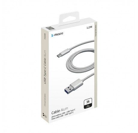 Deppa Alum USB Type-C - USB Type-C, алюминий/нейлон, USB 2.0, 3A, 1.2м, 1.2м, серебро, Deppa Кабель  DEPPA - bologoe-experts.ru – фото 1