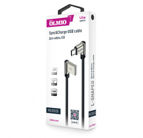 OLMIO 038867 USB 2.0 - microUSB, 1м, угловой, тканевая оплетка, цвет черный Кабель  PARTNER - bologoe-experts.ru – фото 1